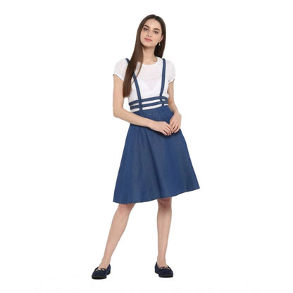 Women's Denim Solid Shoulder Straps Below Knee Dress (Blue)
