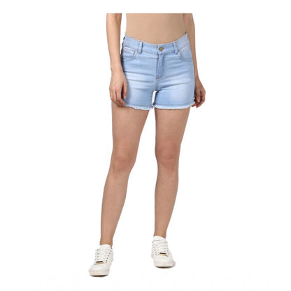 Women's Denim Solid Buttoned Shorts (Blue)