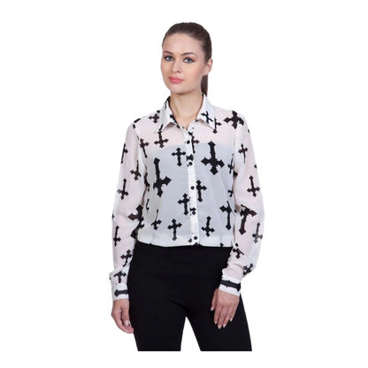 Women's Polyester Printed Long Sleeves Standard Length Shirt (White)