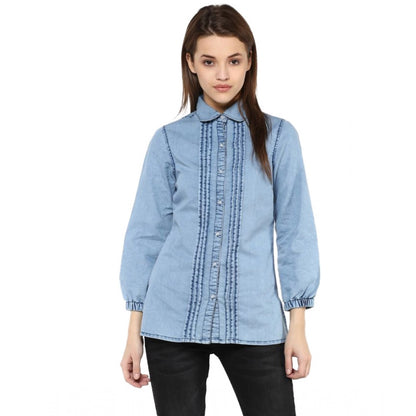 Women's Denim Solid 3-4th Sleeves Standard Length Shirt (Blue)