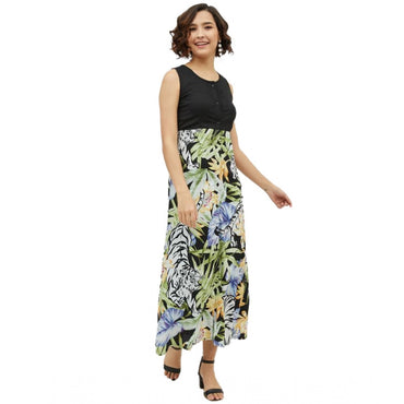 Women's Rayon Floral Sleeveless Calf-length Dress (Multicolor)
