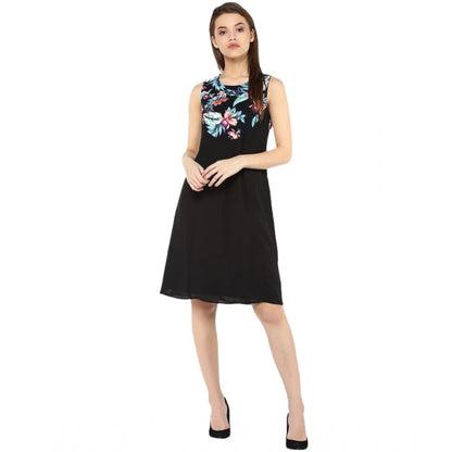 Women's Polyester Printed Sleeveless Above Knee Dress (Black - Multicolor)