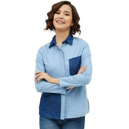 Women's Denim Patch Work Long Sleeves Standard Length Shirt (Blue)