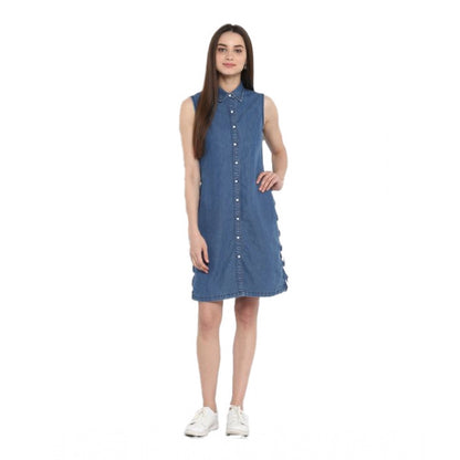 Women's Denim Solid Sleeveless Above Knee Dress (Blue)