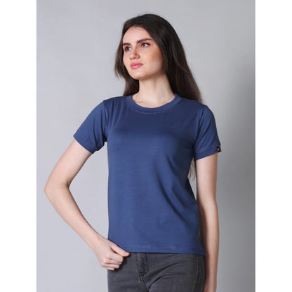 Women's Cotton Blended Solid Round Neck Half Sleeve T-Shirt (Blue)