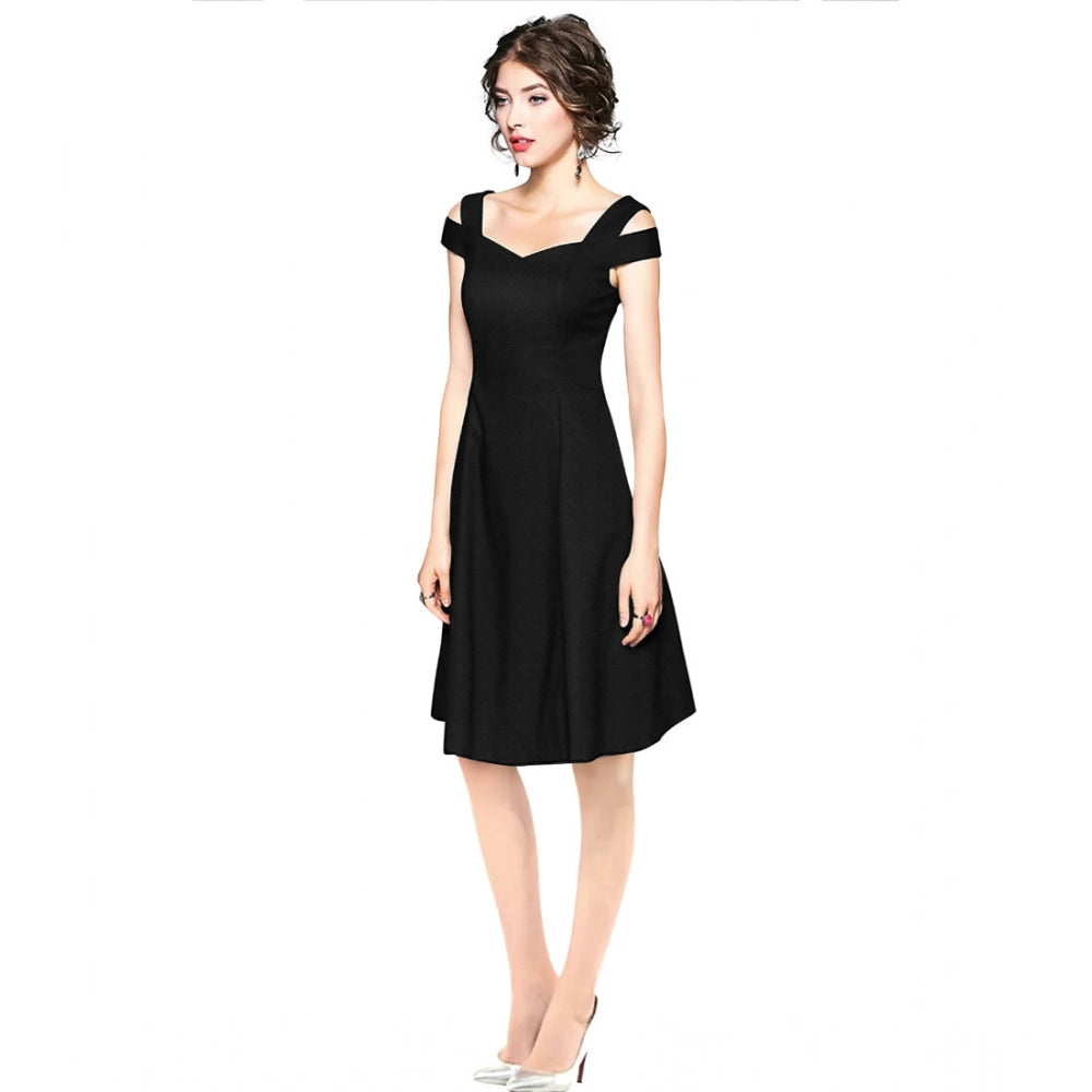 Women's Polyester Solid V Neck Cap Sleeve off Shoulder Dress (Black)