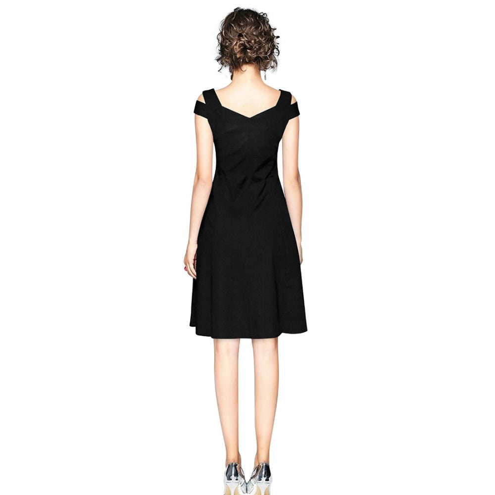 Women's Polyester Solid V Neck Cap Sleeve off Shoulder Dress (Black)