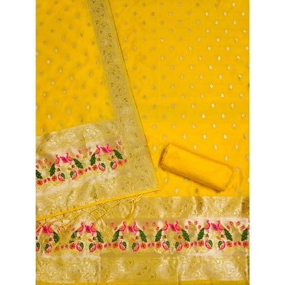 Women's Banarasi Silk Printed Unstitched Salwar Suit Material With Dupatta (Yellow, 3Mtrs)
