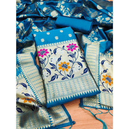 Women's Banarasi Silk Printed Unstitched Salwar Suit Material With Dupatta (Blue, 3Mtrs)