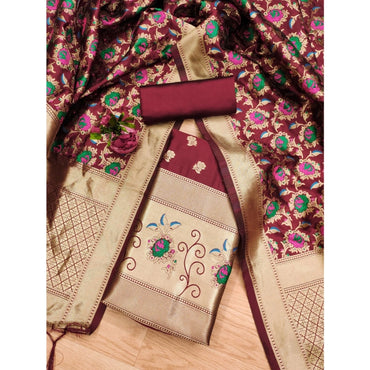 Women's Banarasi Silk Printed Unstitched Salwar Suit Material With Dupatta (Maroon, 3Mtrs)