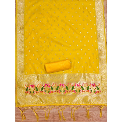 Women's Banarasi Silk Printed Unstitched Salwar Suit Material With Dupatta (Yellow, 3Mtrs)