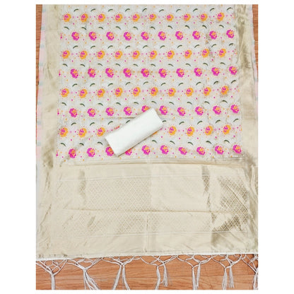 Women's Banarasi Silk Printed Unstitched Salwar Suit Material With Dupatta (White, 3Mtrs)