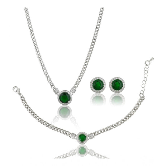 Women's Stainless Steel Green Color Silver Chain Western Combo Jewelry (Silver Plated)