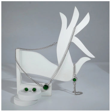 Women's Stainless Steel Green Color Silver Chain Western Combo Jewelry (Silver Plated)