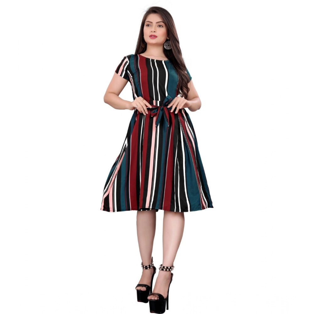 Women's Crep Striped Short Sleeve Dress (Red-Blue )