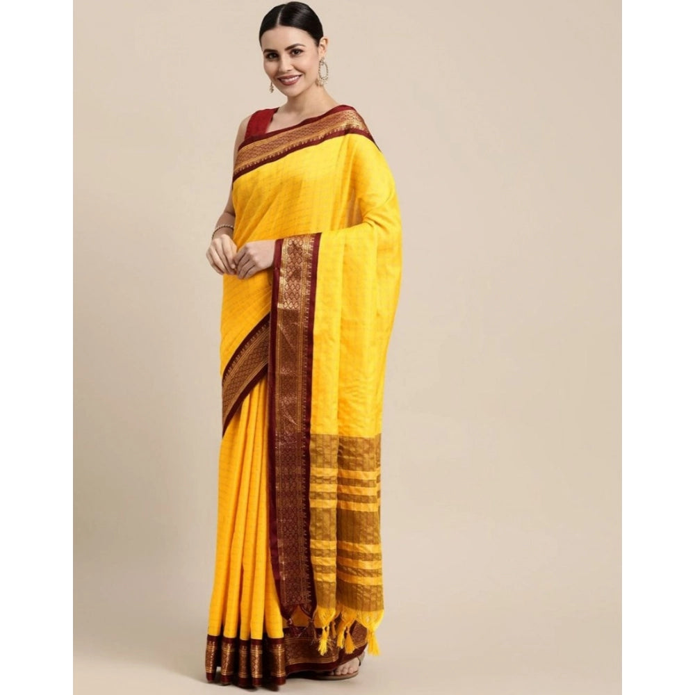 Women's Cotton Silk Checkered Saree With Unstitched Blouse 5.5Mtr (Yellow)