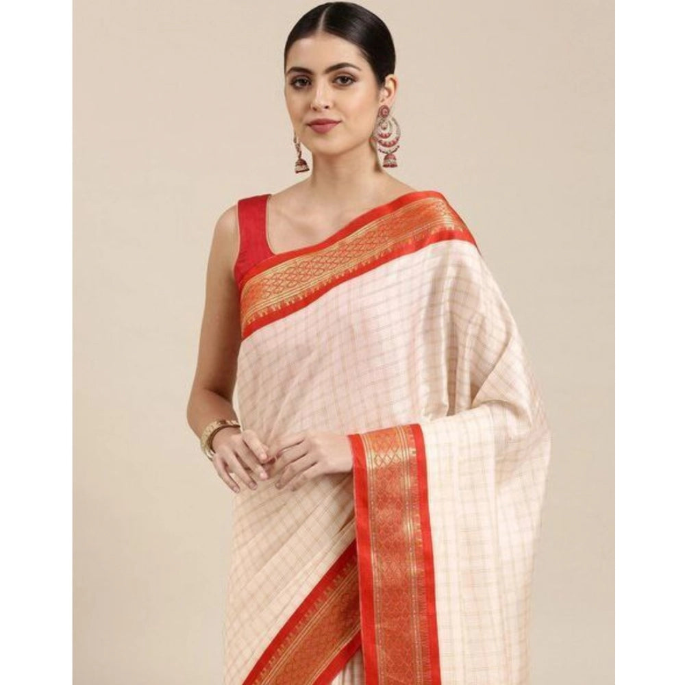 Women's Cotton Silk Checkered Saree With Unstitched Blouse 5.5Mtr (Red)