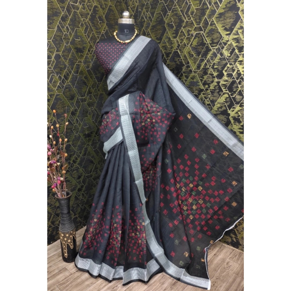 Women's Cotton Linen Digital Print Saree With Unstitched Blouse 5.5Mtr (Black)