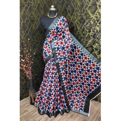 Women's Cotton Linen Printed Saree With Unstitched Blouse 5.5Mtr (Black)