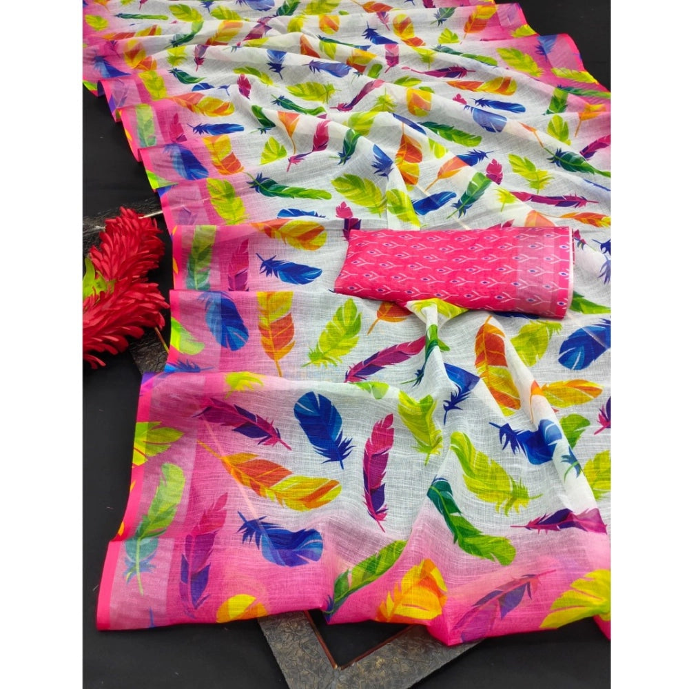 Women's Cotton Linen Woven Design Saree With Unstitched Blouse 5.5Mtr (Pink)