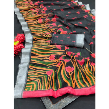 Women's Cotton Linen Digital Print Saree With Unstitched Blouse 5.5Mtr (Black)