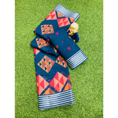 Women's Cotton Linen Digital Print Saree With Unstitched Blouse 5.5Mtr (Blue)