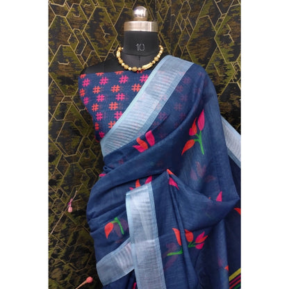 Women's Cotton Linen Digital Print Saree With Unstitched Blouse 5.5Mtr (Blue)