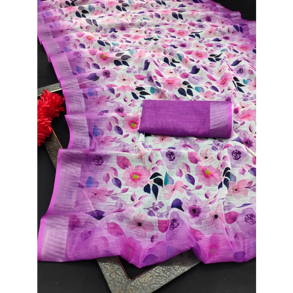 Women's Cotton Linen Woven Design Saree With Unstitched Blouse 5.5Mtr (Purple)