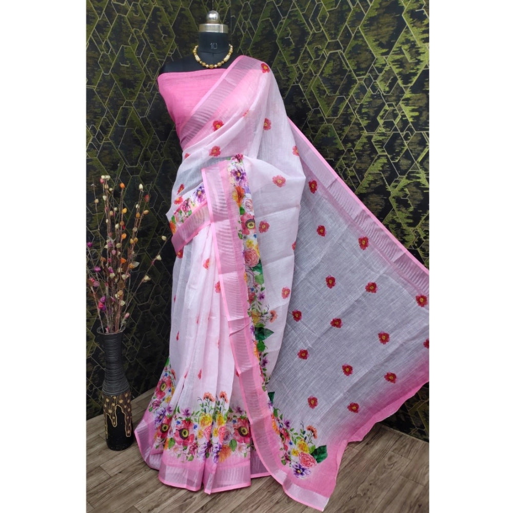 Women's Cotton Linen Woven Design Saree With Unstitched Blouse 5.5Mtr (Pink)