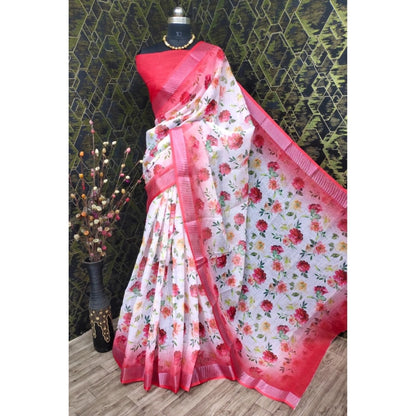 Women's Cotton Linen Woven Design Saree With Unstitched Blouse 5.5Mtr (Red)