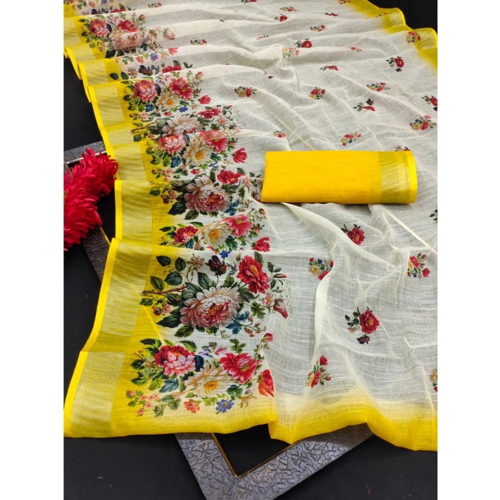 Women's Cotton Linen Woven Design Saree With Unstitched Blouse 5.5Mtr (Yellow)