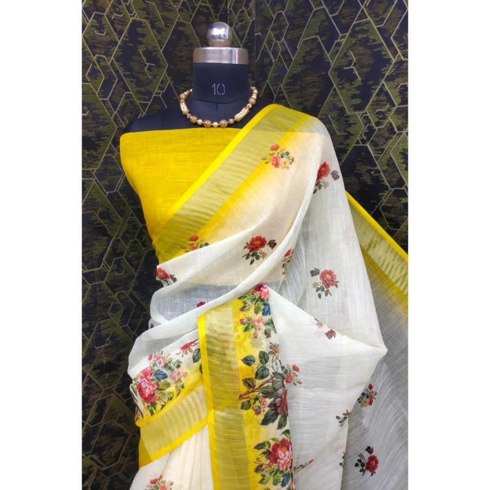 Women's Cotton Linen Woven Design Saree With Unstitched Blouse 5.5Mtr (Yellow)