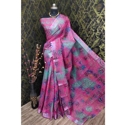 Women's Cotton Linen Woven Design Saree With Unstitched Blouse 5.5Mtr (Pink)