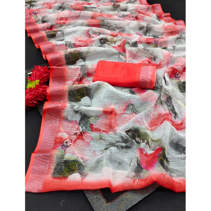 Women's Cotton Linen Woven Design Saree With Unstitched Blouse 5.5Mtr (Red)