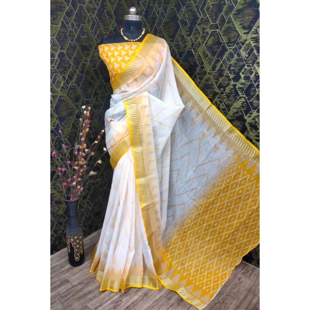Women's Cotton Linen Woven Design Saree With Unstitched Blouse 5.5Mtr (Yellow)