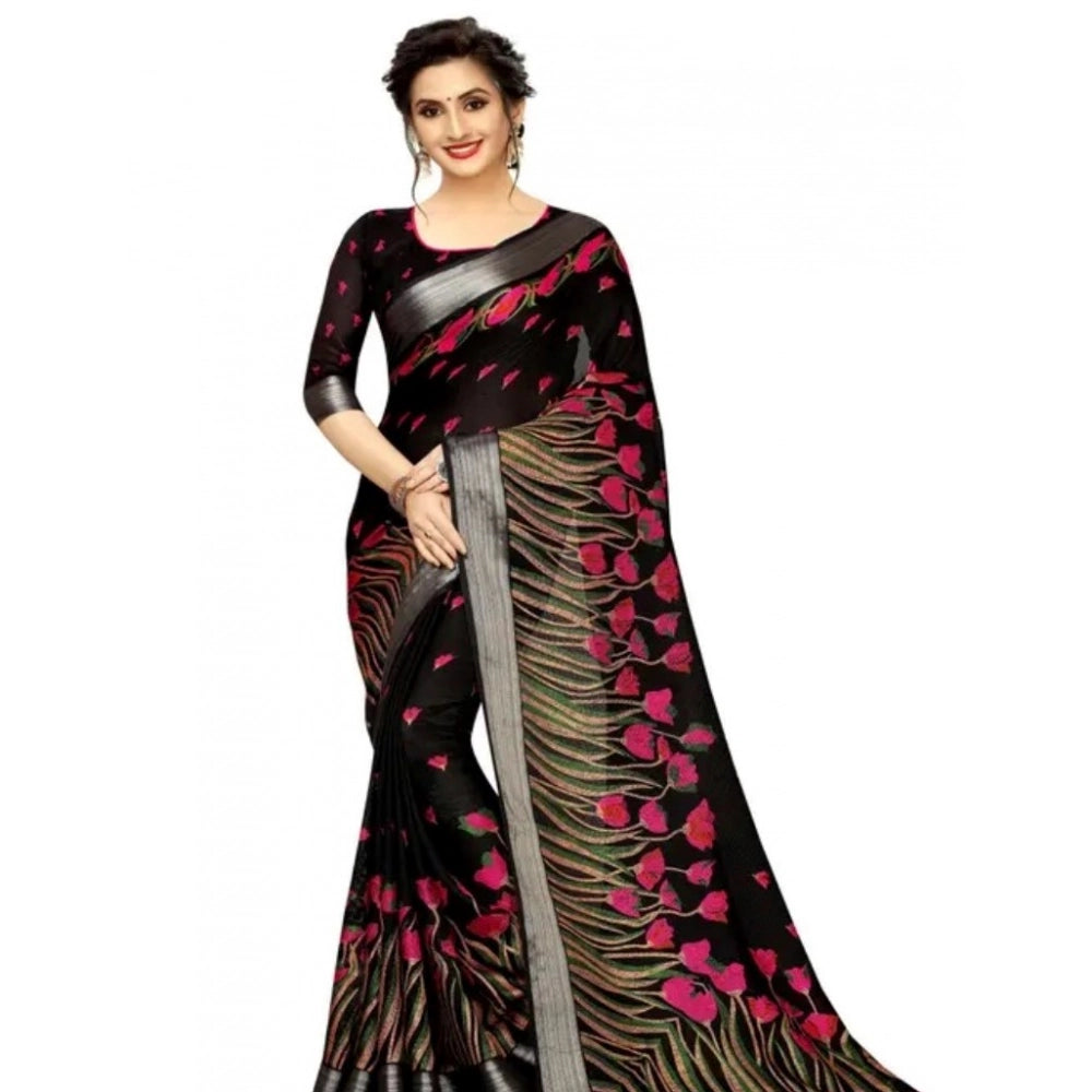 Women's Cotton Linen Digital Print Saree With Unstitched Blouse 5.5Mtr (Black)