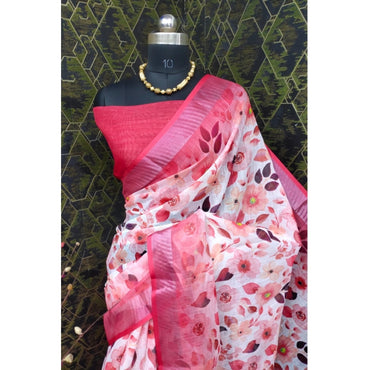 Women's Cotton Linen Woven Design Saree With Unstitched Blouse 5.5Mtr (Red)