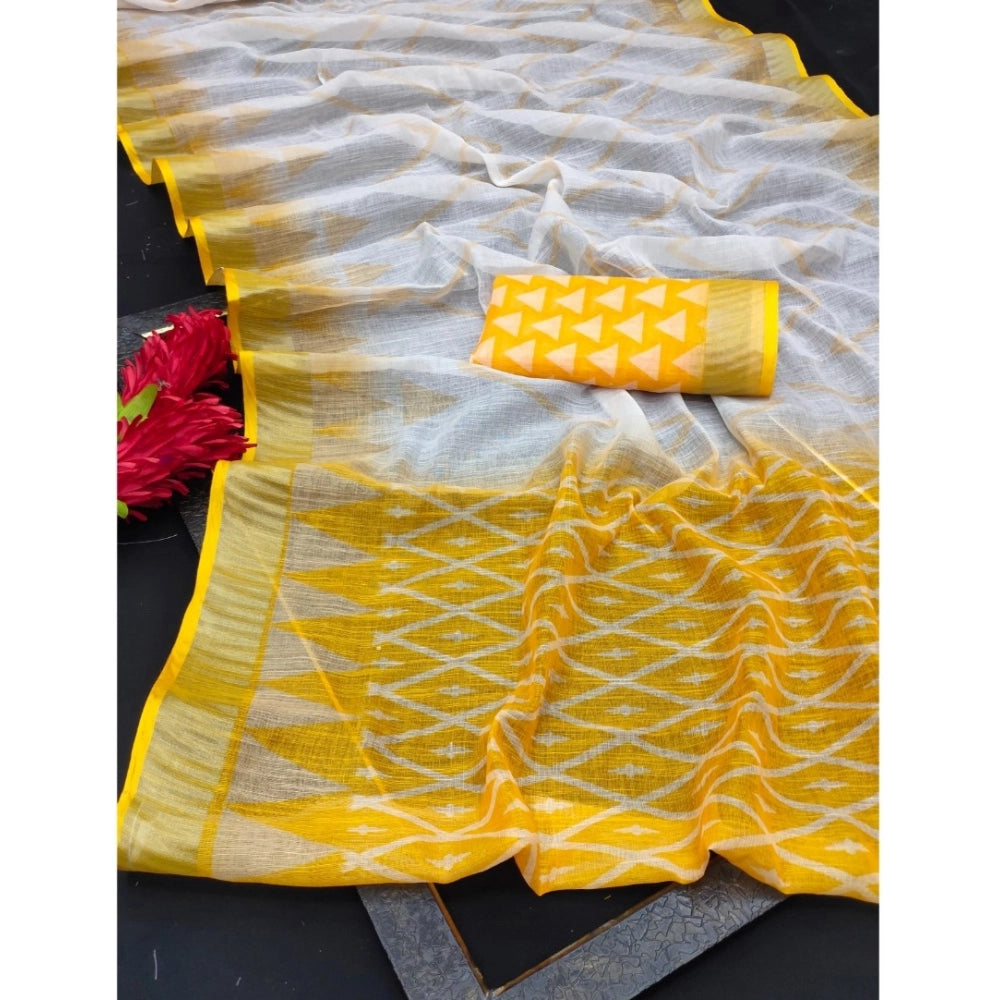 Women's Cotton Linen Woven Design Saree With Unstitched Blouse 5.5Mtr (Yellow)