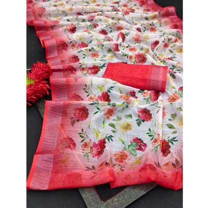 Women's Cotton Linen Woven Design Saree With Unstitched Blouse 5.5Mtr (Red)