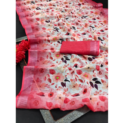 Women's Cotton Linen Woven Design Saree With Unstitched Blouse 5.5Mtr (Red)