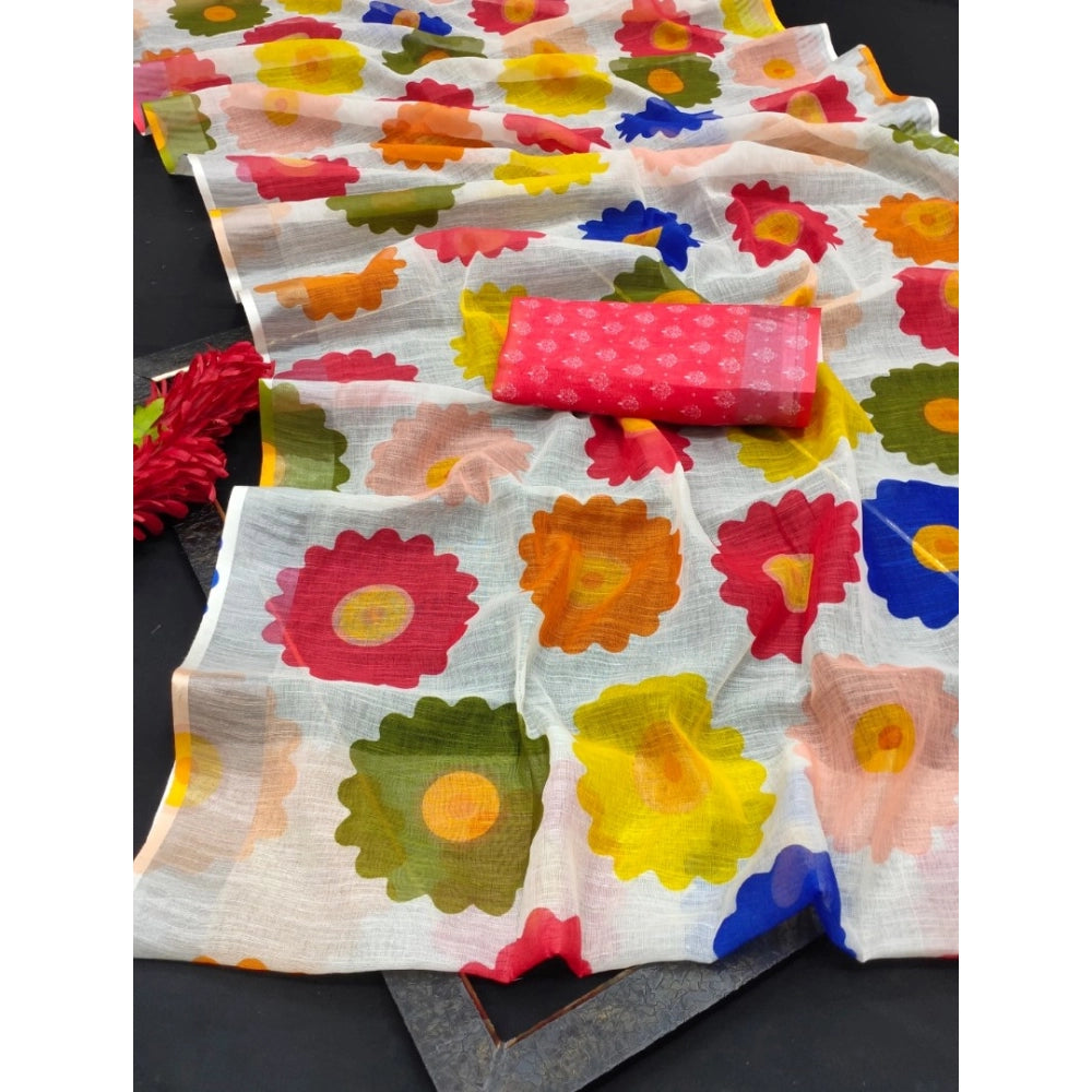 Women's Cotton Linen Woven Design Saree With Unstitched Blouse 5.5Mtr (Red)