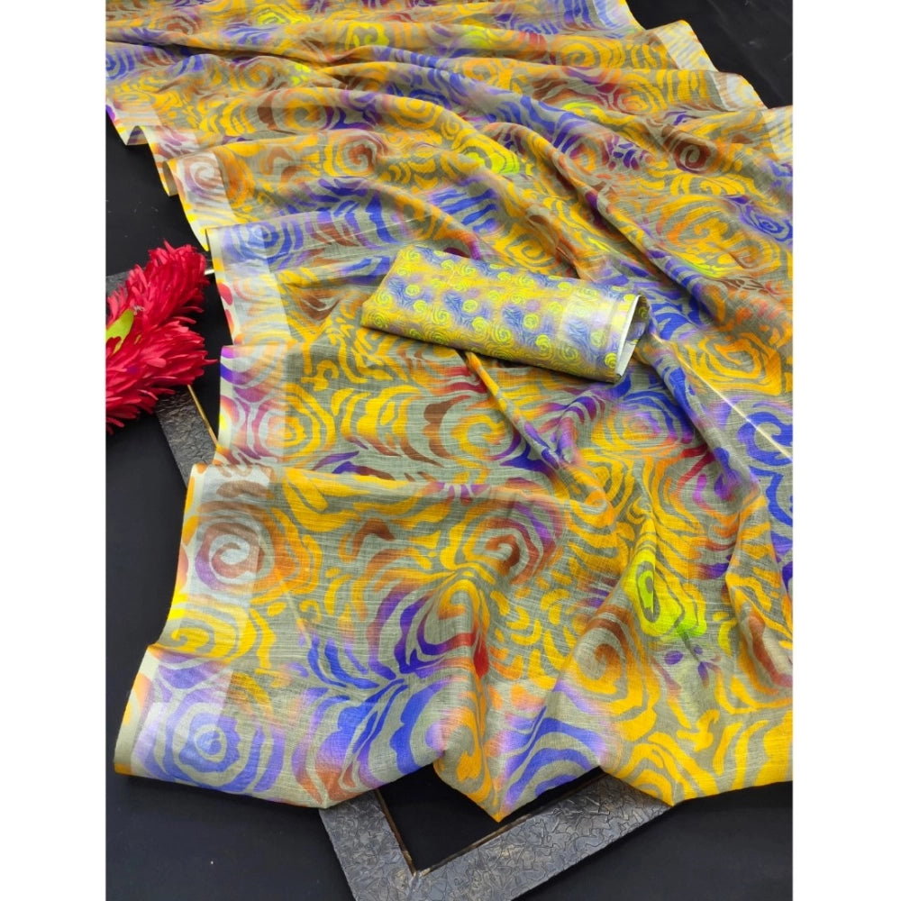 Women's Cotton Linen Woven Design Saree With Unstitched Blouse 5.5Mtr (Yellow)
