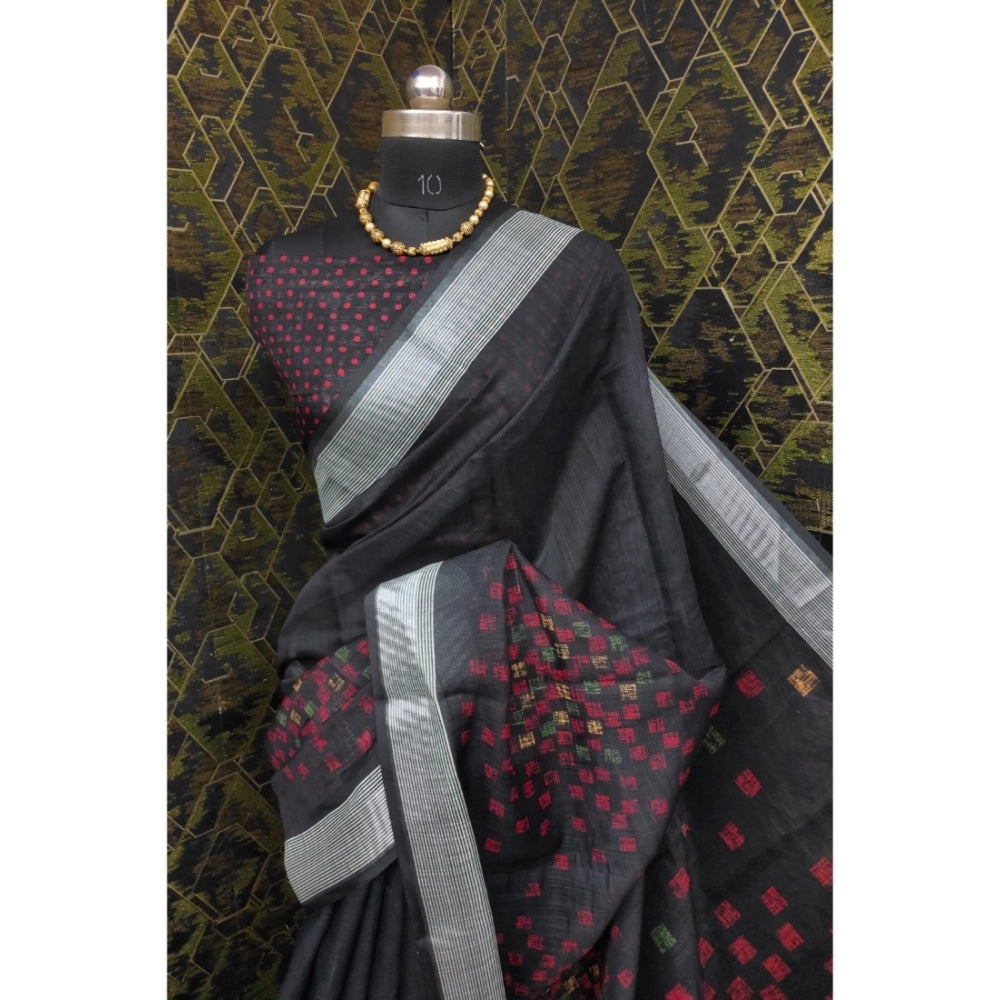 Women's Cotton Linen Digital Print Saree With Unstitched Blouse 5.5Mtr (Black)
