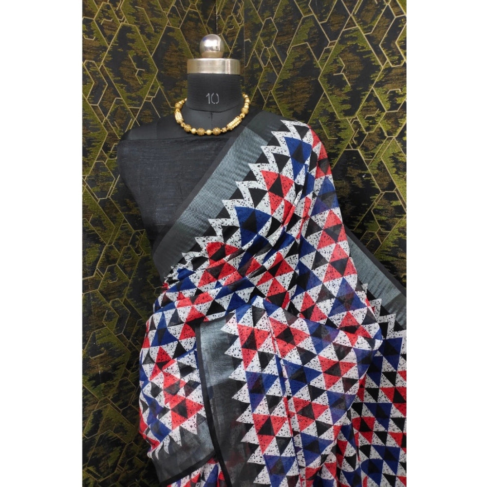 Women's Cotton Linen Printed Saree With Unstitched Blouse 5.5Mtr (Black)