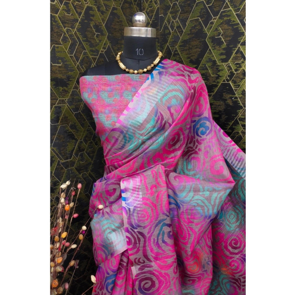 Women's Cotton Linen Woven Design Saree With Unstitched Blouse 5.5Mtr (Pink)