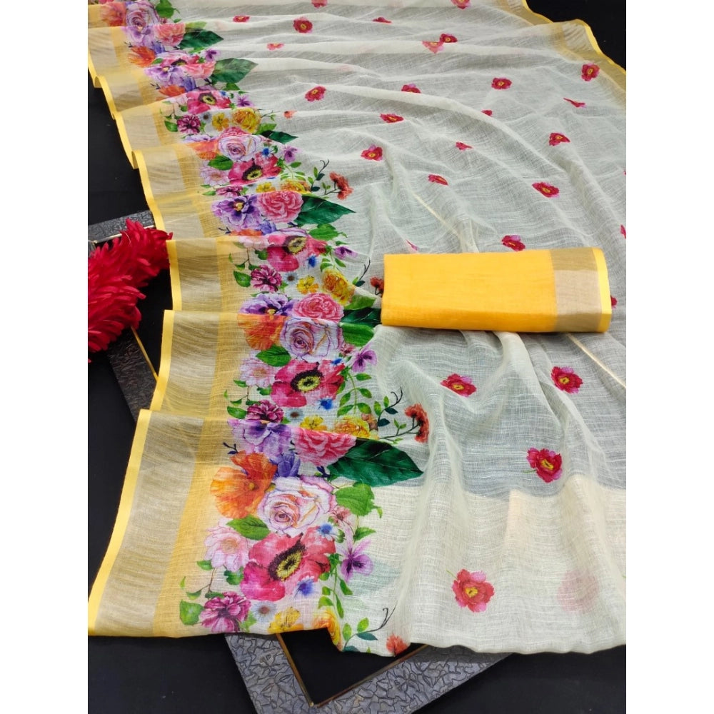 Women's Cotton Linen Woven Design Saree With Unstitched Blouse 5.5Mtr (Yellow)