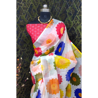 Women's Cotton Linen Woven Design Saree With Unstitched Blouse 5.5Mtr (Red)