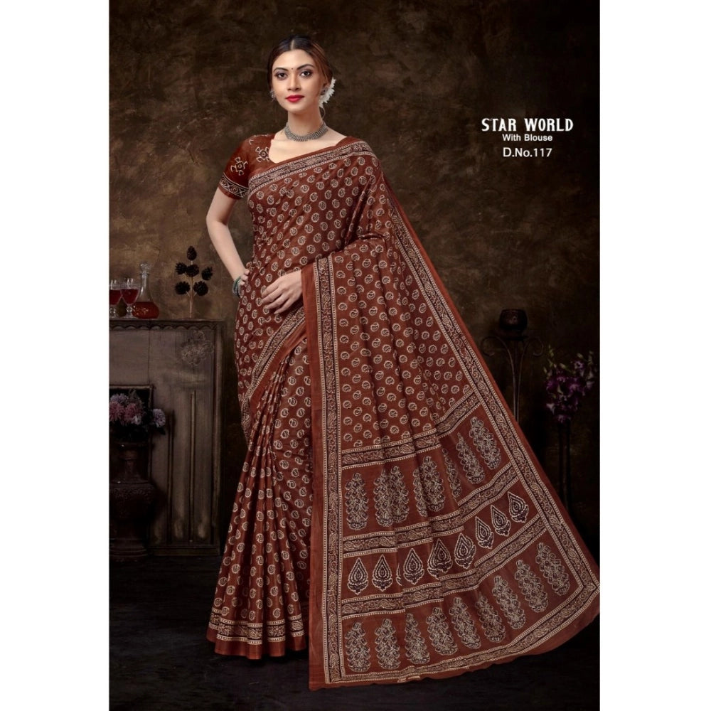 Women's Cotton Printed Saree With Unstitched Blouse 5.5Mtr