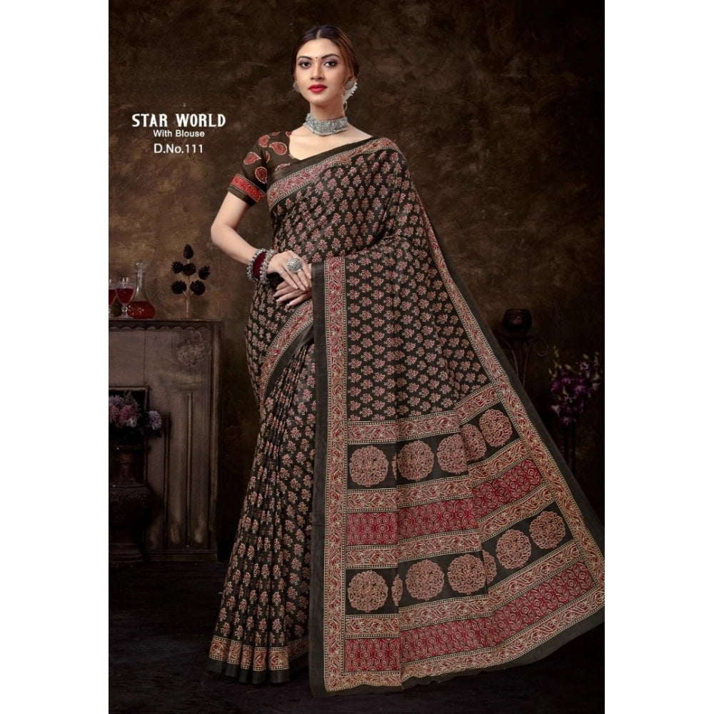 Women's Cotton Printed Saree With Unstitched Blouse 5.5Mtr