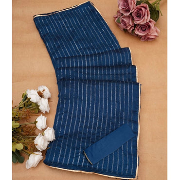 Women's Vichitra Silk Striped Saree With Unstitched Blouse 5.5Mtr (Blue)